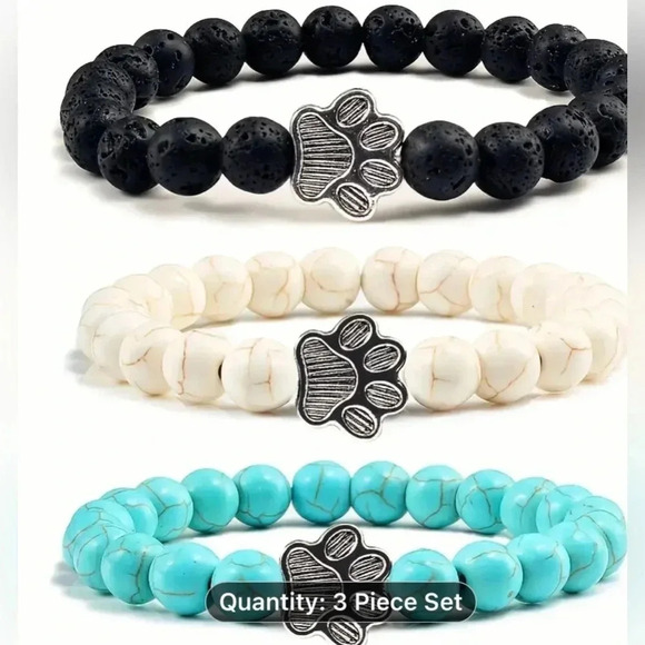 Dog Paw Beaded Bracelet Set of Three Teal White Black - Picture 4 of 10